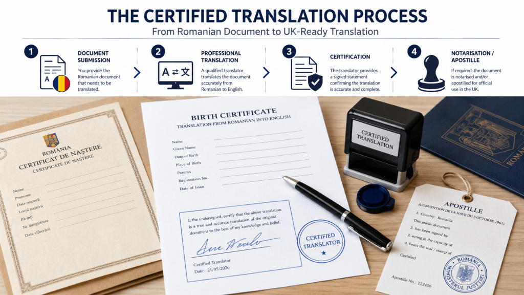 Certified Romanian document translation process with UK certification, notarisation and apostille steps