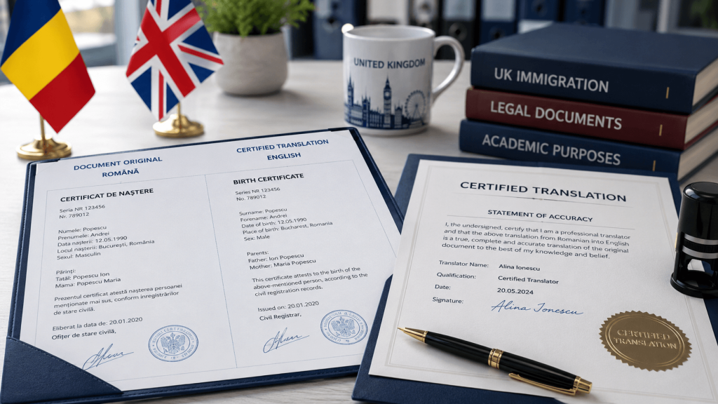 Certified Romanian to English translation documents prepared for UK authority submission