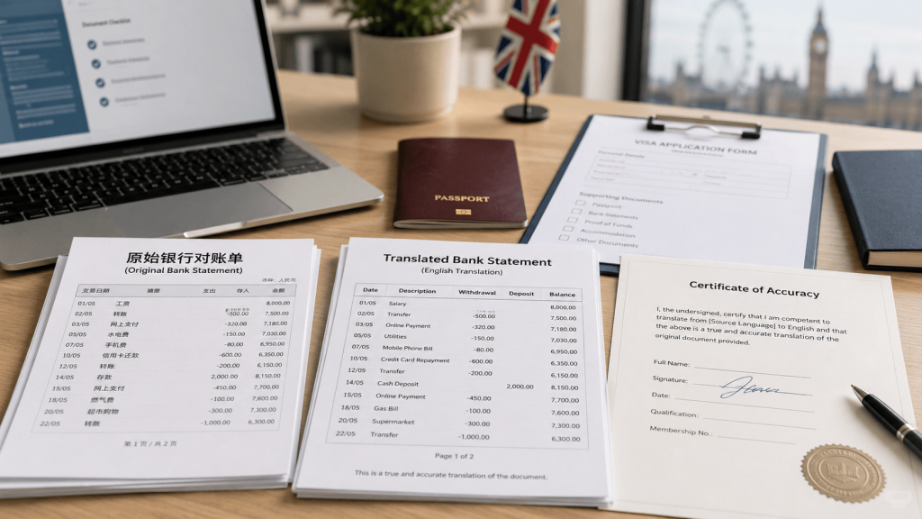 Certified bank statement translation for UKVI showing original bank statement, English translated copy, certificate of accuracy, passport and visa application documents on a professional desk