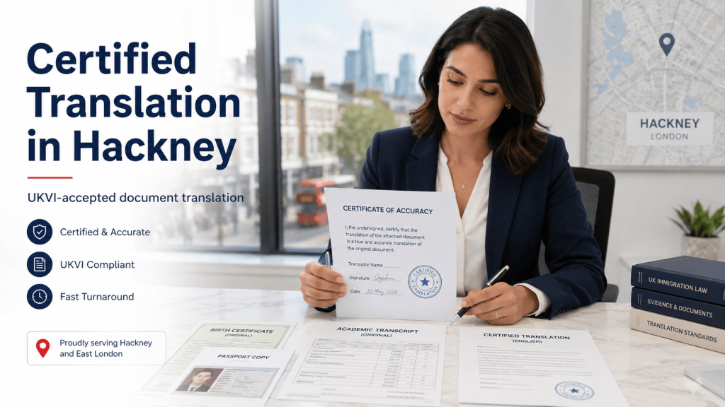 Certified translation consultant reviewing UKVI documents for clients in Hackney, London