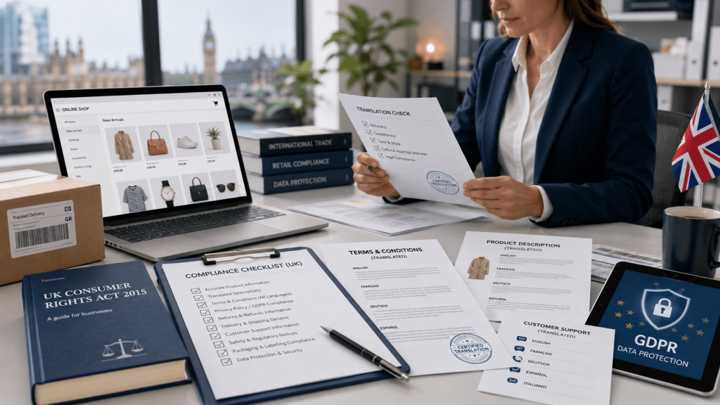 E commerce compliance expert reviewing translated retail documents and GDPR checklist for UK online shop