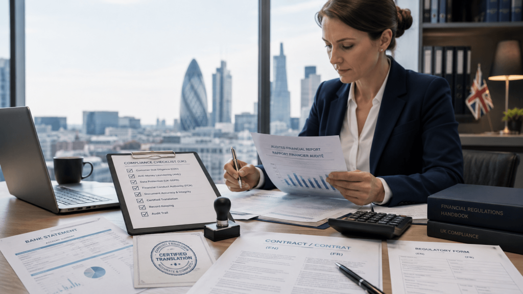 Finance specialist reviewing certified banking translations and UK compliance documents in a London office