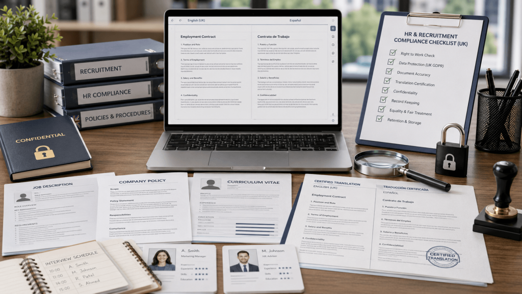 HR recruitment documents translated for UK compliance, confidentiality and certified hiring processes