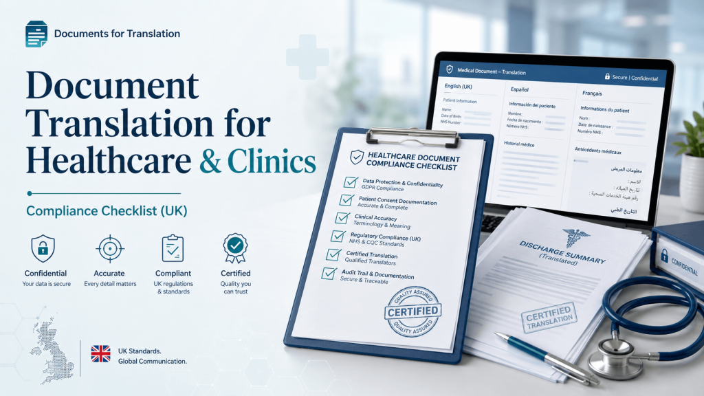 Healthcare document translation checklist with certified medical records and GDPR compliance icons