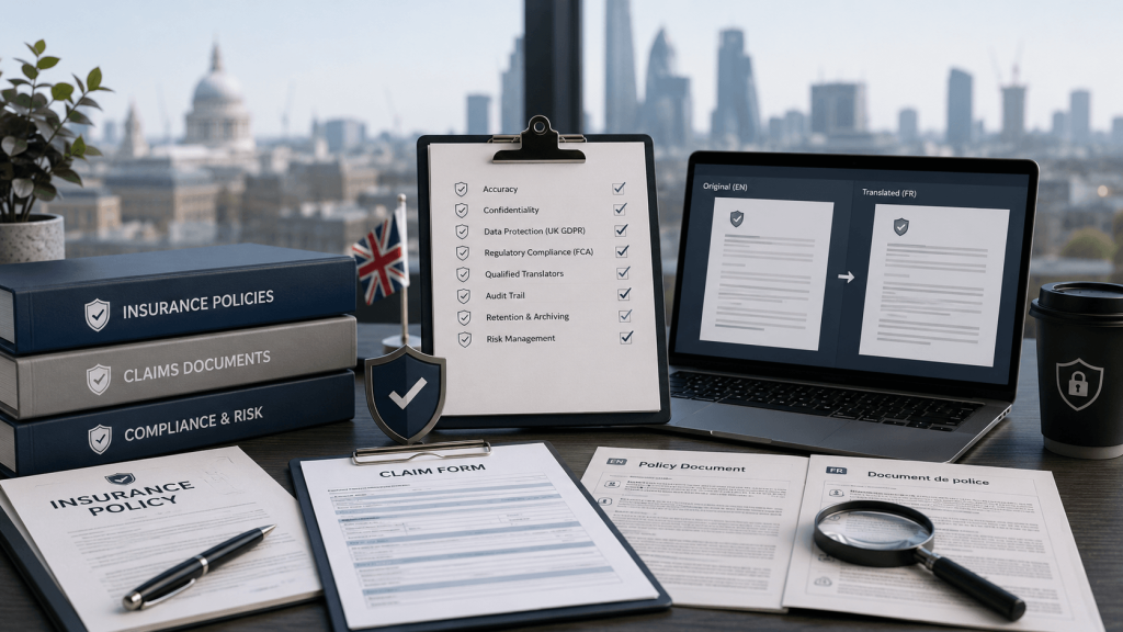 Insurance policy documents and translated claims forms arranged for UK compliance review