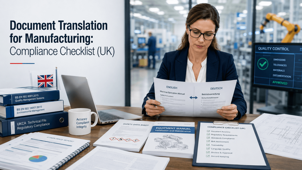 Manufacturing compliance specialist reviews translated safety manuals and technical documents in a UK factory setting