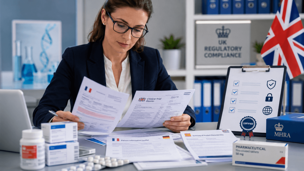 Pharmaceutical specialist reviewing certified translated clinical documents with UK compliance checklist and medicine packaging