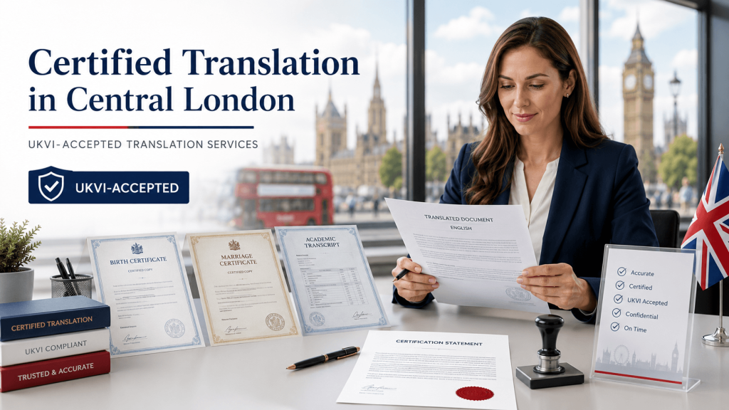 Professional certified translation consultant reviewing UKVI documents in a Central London office