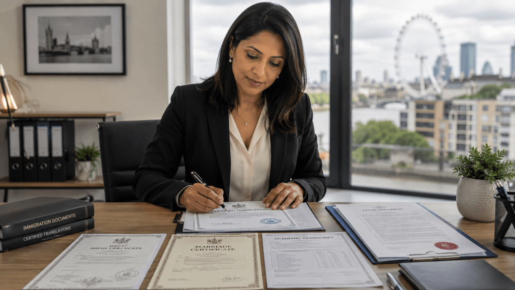 Professional consultant certifying UKVI translation documents in a Lambeth office setting