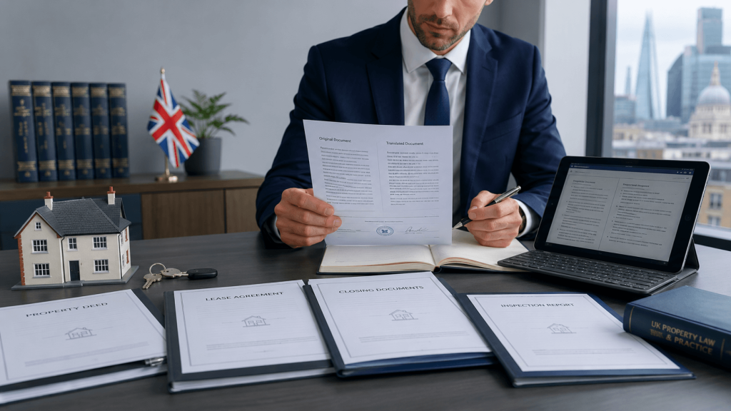 Professional reviewing certified real estate document translations for UK property compliance