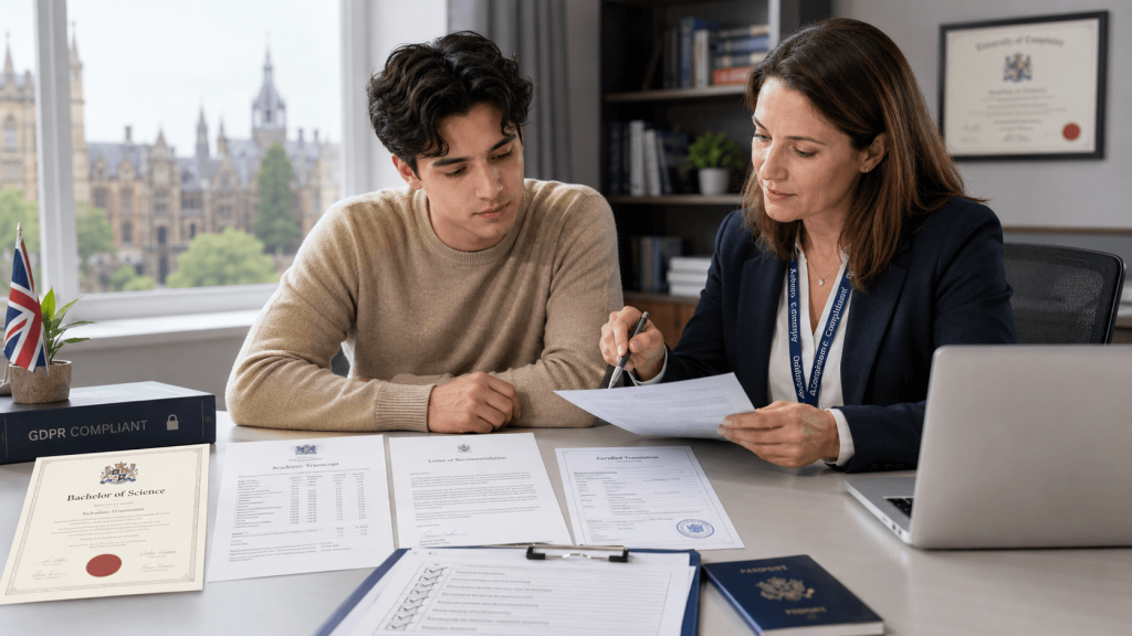 Student reviews certified academic translations with university compliance adviser in UK office