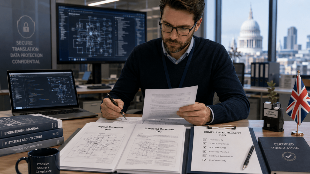 Technical translator reviewing engineering and IT compliance documents with secure UK certification checklist